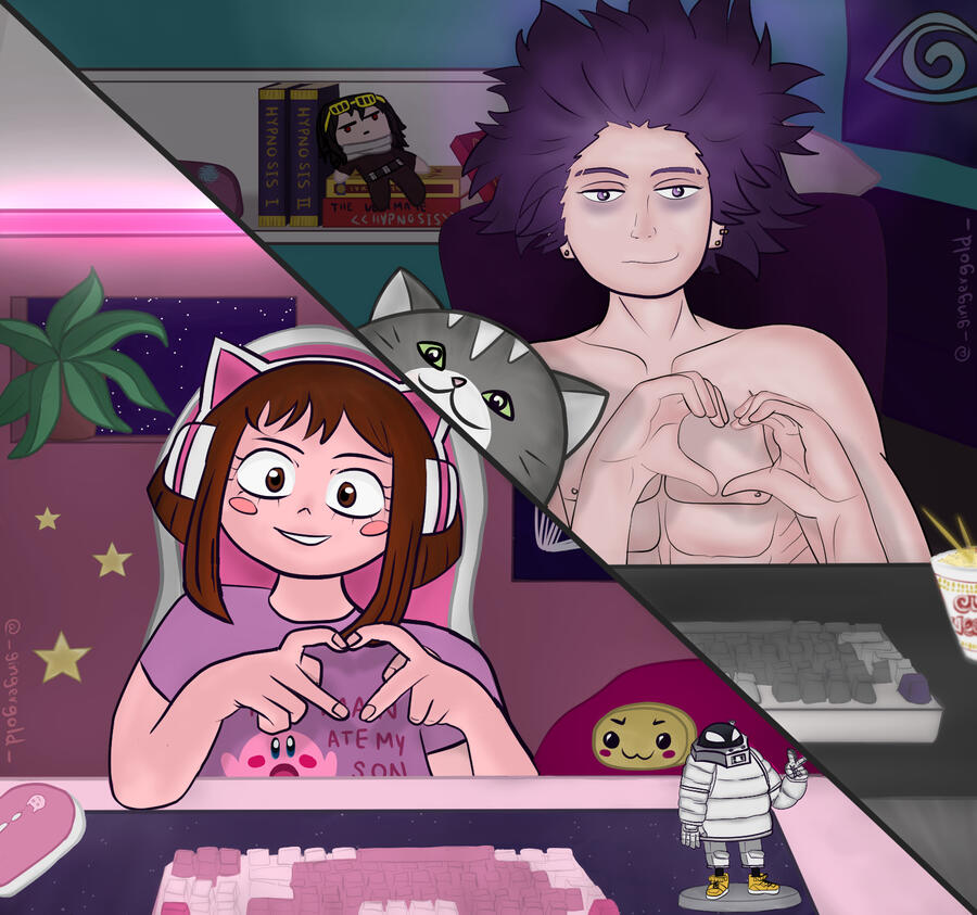 Two diagonally split panels with Ochako on the bottom left. She is sitting at her gaming desk wearing a kirby shirt that says Kirby ate my son. Shinsou is in the top left and we can see his room and cat.