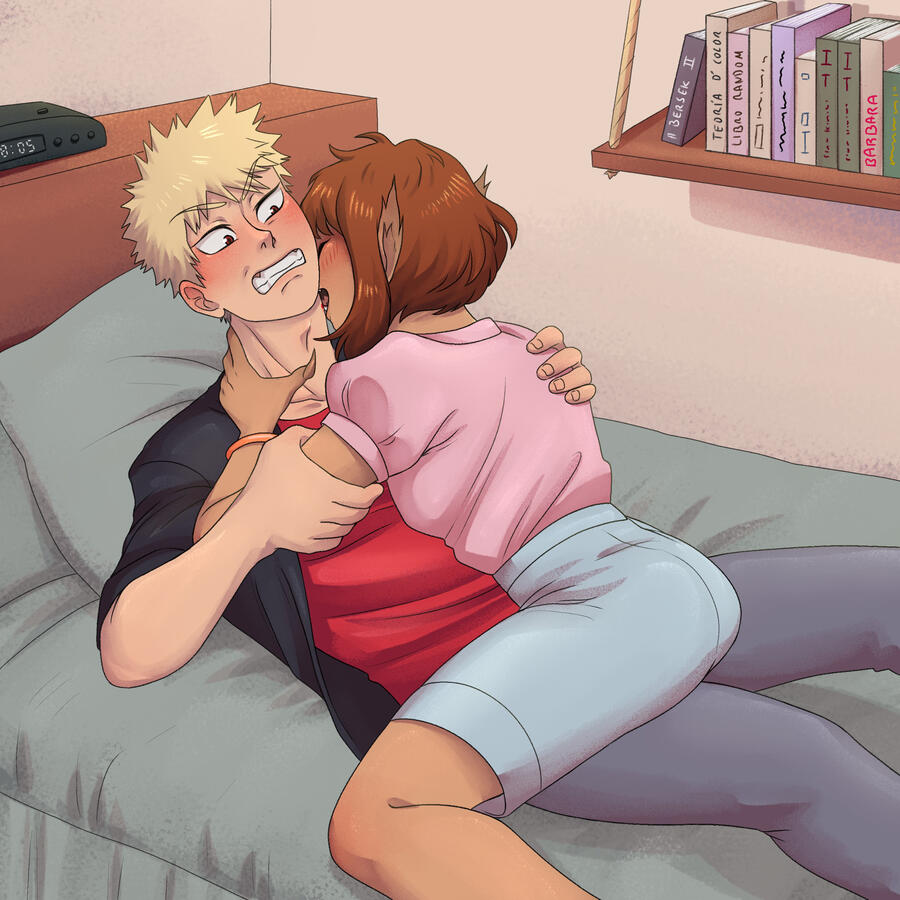 Katsuki and Uraraka in Katsuki's room, on his bed. She is on top of him, lying down. She has started to bite Katsuki's neck because of the adrenaline of the exciting moment. Her animal instincts are kicking in and her ears are beginning to lengthen as well