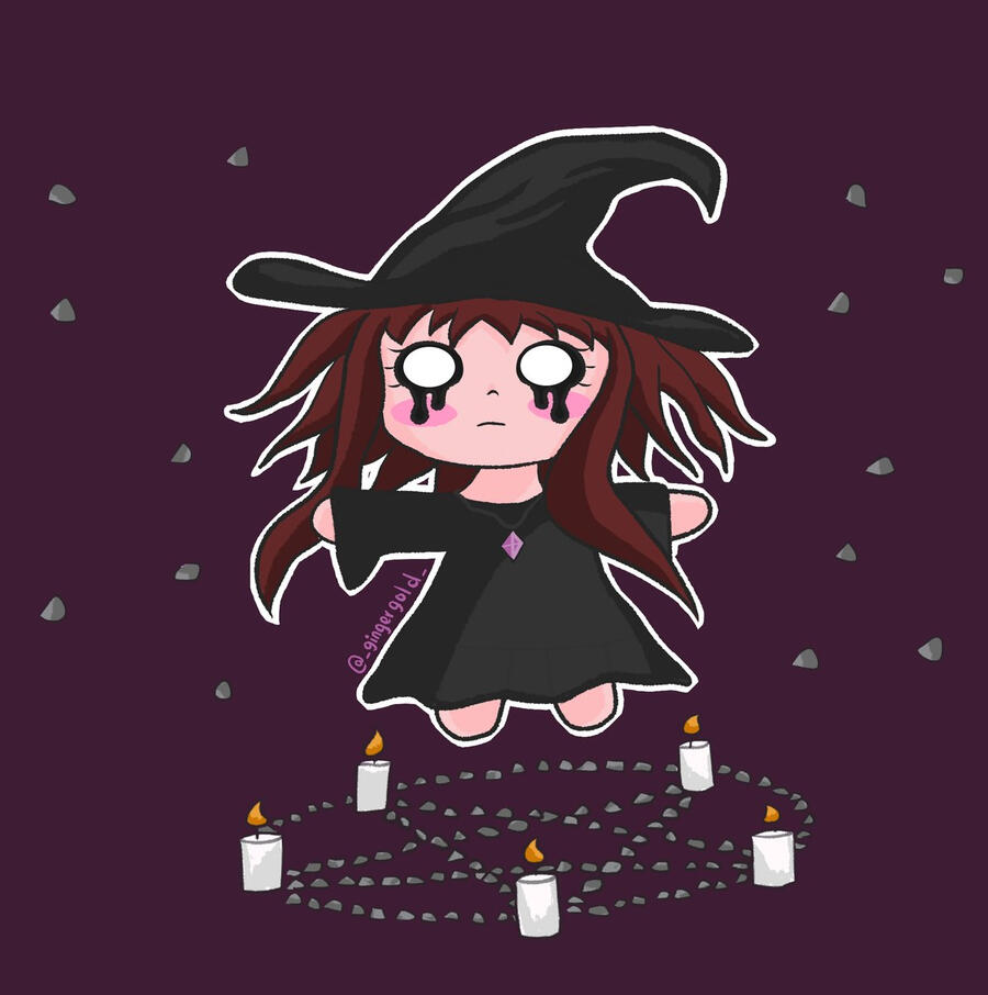 Uraraka in a black dress, a purple pendant necklace, a witch hat, and black dripping make-up around her eyes floats above a pentagram with lit candles at the points. She has no irises or pupils and her hair floats around her face.