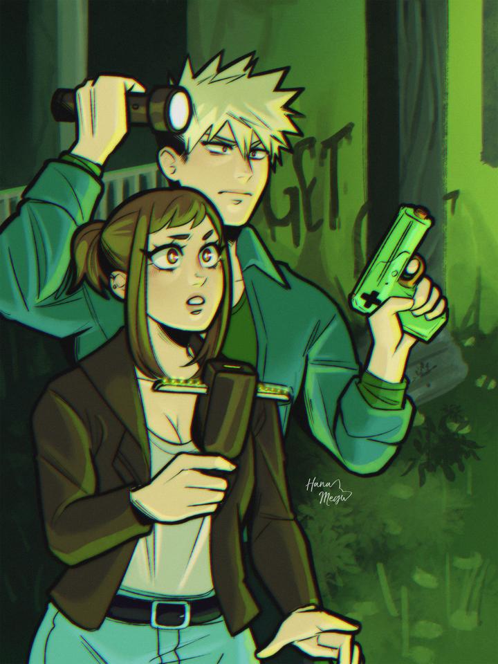 Ochako Uraraka and Katsuki Bakugou as paranormal investigators. Ochako is holding a PKE meter from Ghostbusters and Katsuki is holding a flashlight and and green squirt gun filled with holy water.