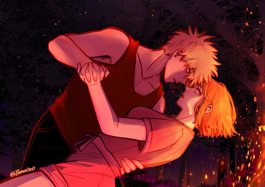 Ochako Uraraka and Katsuki Bakugou in workout clothes dancing in a forest in firelight