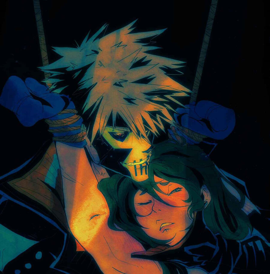 Villain Bakugou with a tied up Urararka
