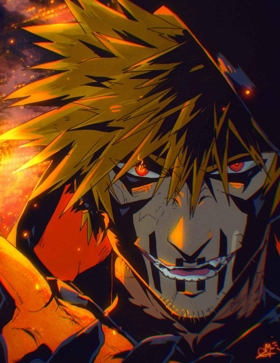 Close up of Villain Bakugou with skull makeup holding out his hand to you about to make an explosion