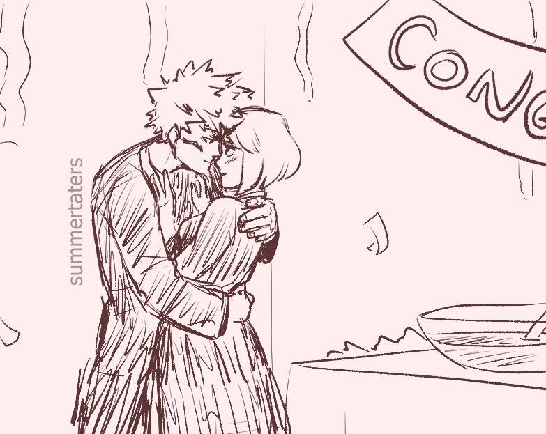 Bakugou and Ochako embracing each other at the afterparty of their U.A. graduation