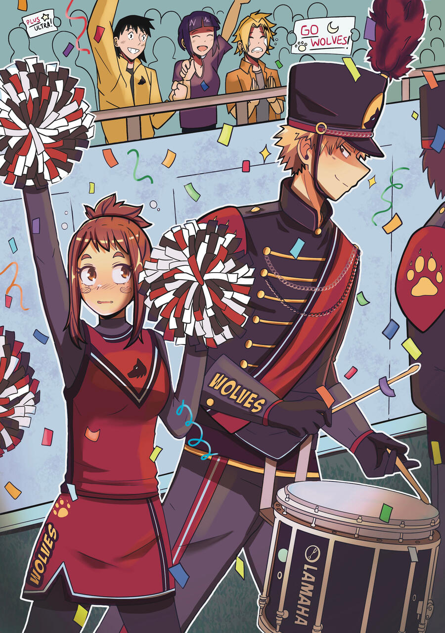 Katsuki in a marching band uniform eyeing Ochako in a cheerleading outfit surrounded by confetti and a crowd at a football game.