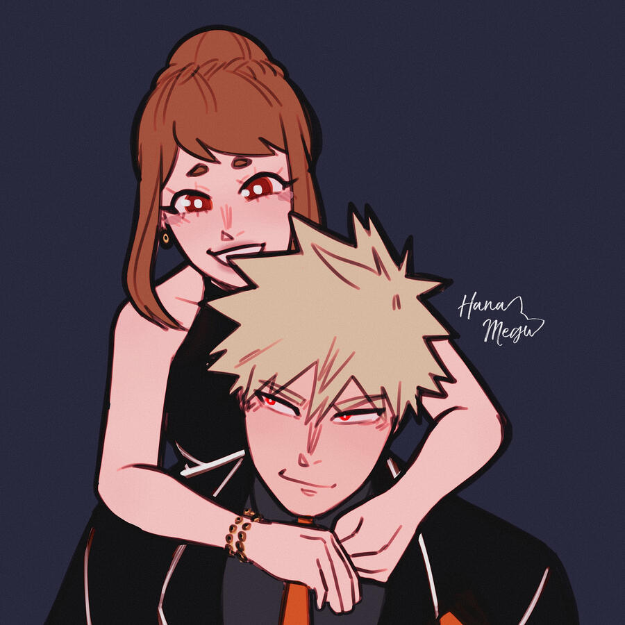 Katsuki Bakugou giving Ochako Uraraka a piggy back wearing black formal clothes.