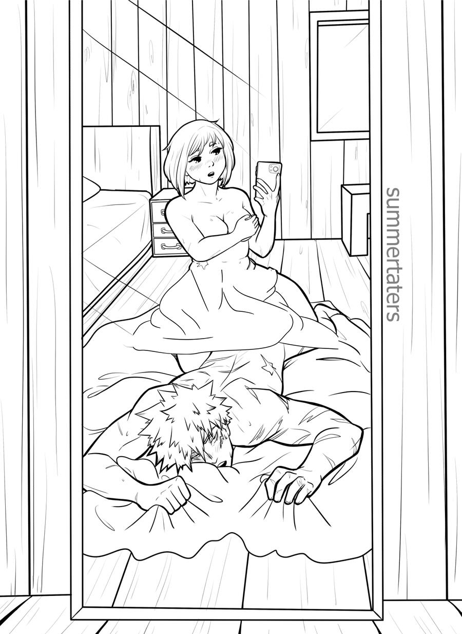 Ochako taking a photo of covering herself while hovering over Bakugou laid beneath her on top of a comforter