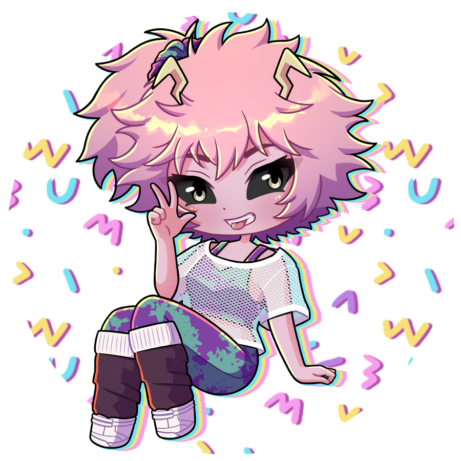Mina Ashido Chibi in an 80's inspired outfit with her tongue out and in front of a white background and colorful squiggles