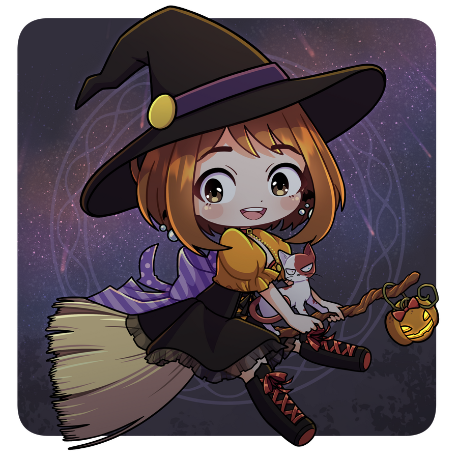 Witch Ochako Uraraka Chibi flying on a broomstick with her familiar, cat Todoroki