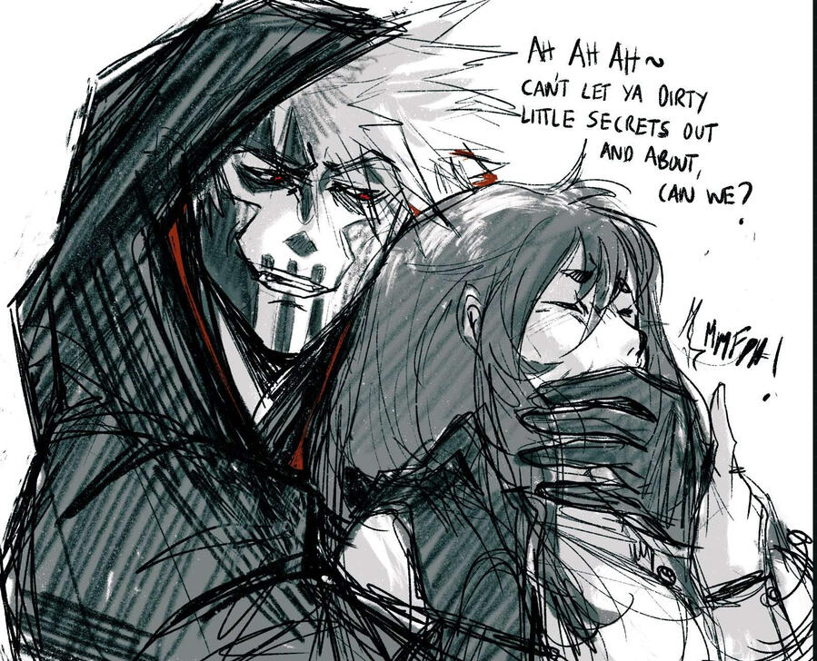 Villain Bakugou with skull makeup holding Uraraka against her will with his hand covering her mouth